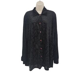VTG Velvet Burnout‎  Shirt Women L Black Floral Button Up 90s Whimsigoth Vampire